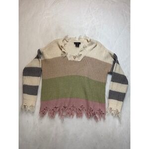Runway‎ Striped Distressed Knit Sweater XL Cream Khaki Green Pink Gray